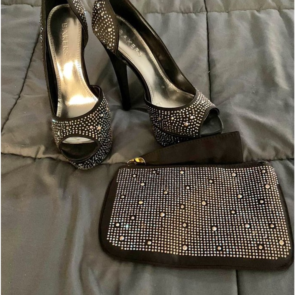 BAKERS Showstopper Rhinestone Peep Toe Women's Shoes Heels Black US Size 7